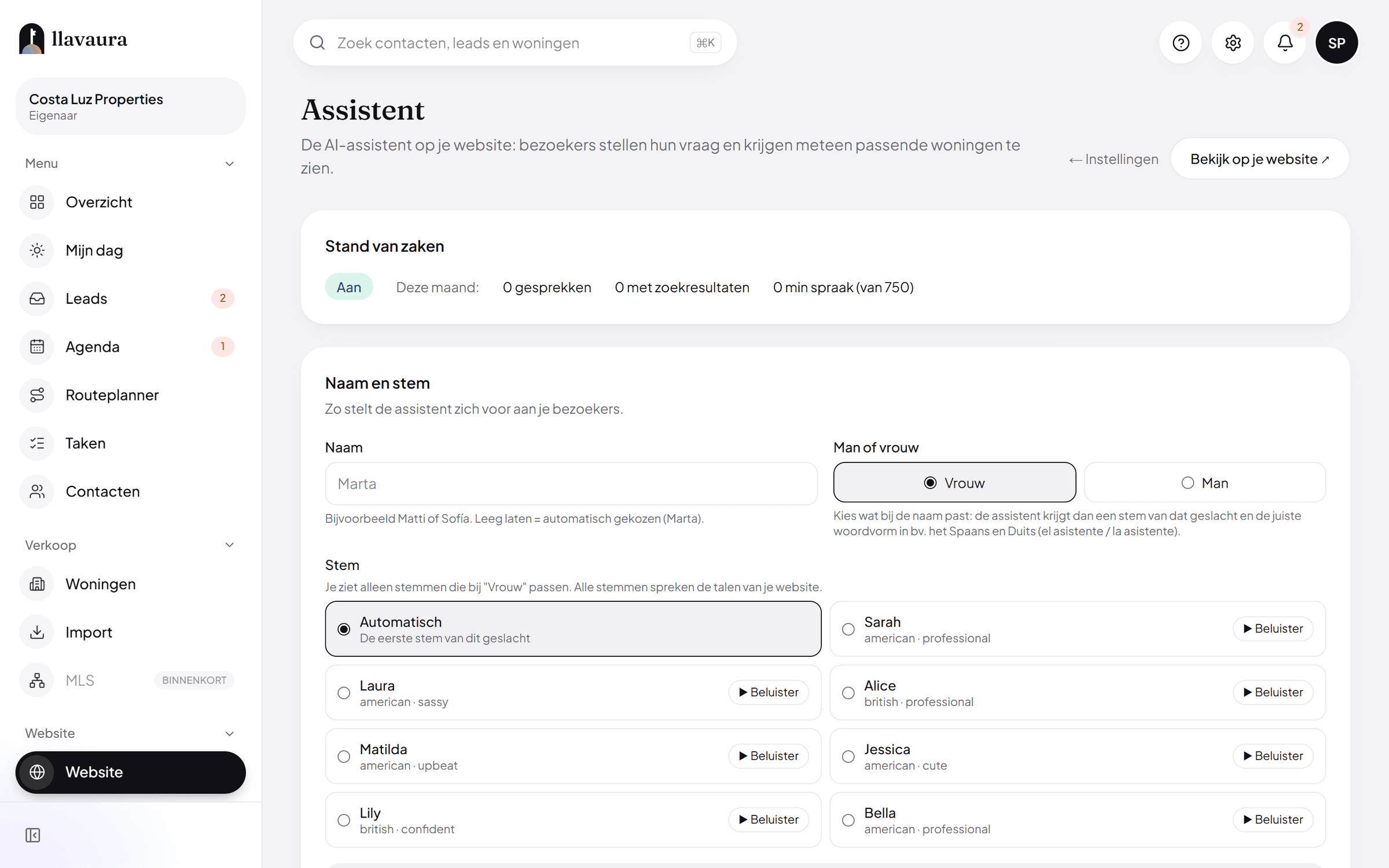 AI-zoeken & spraakassistent · Llavaura CRM